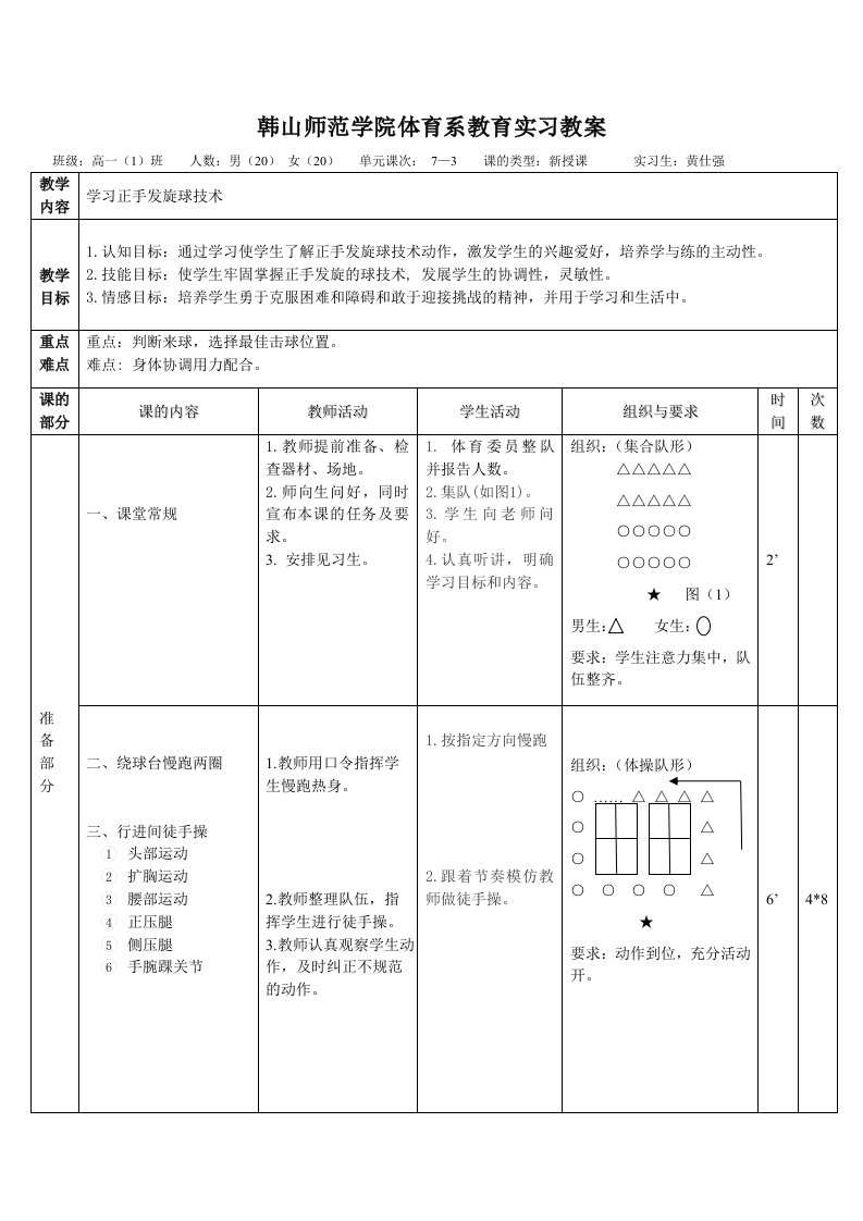 乒乓球正手发旋球教案