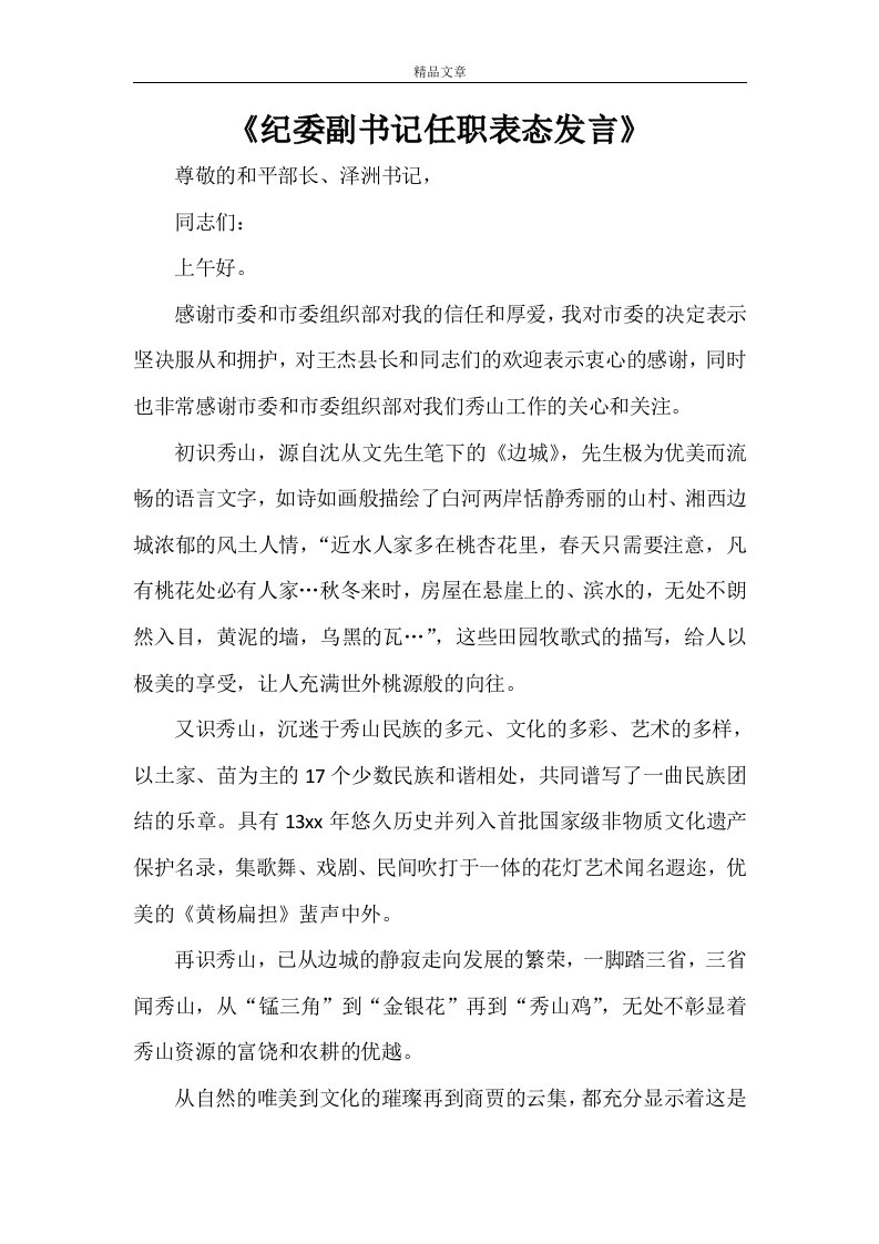 《纪委副书记任职表态发言》