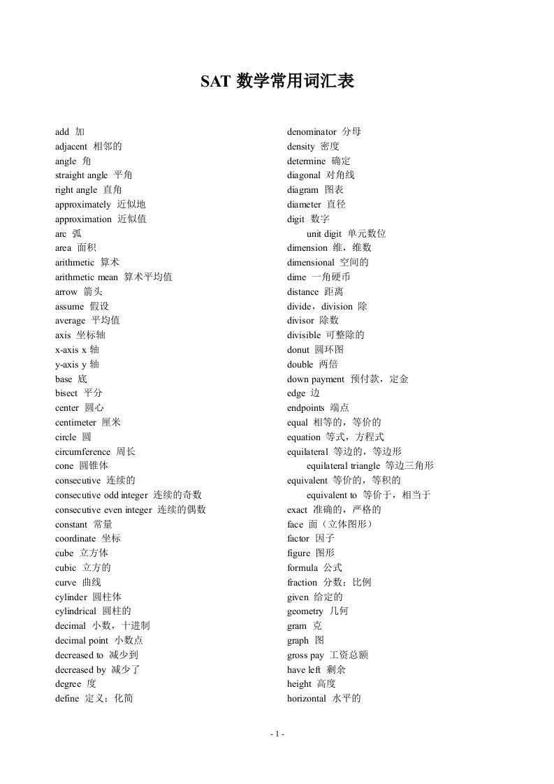 SAT数学常用词汇表