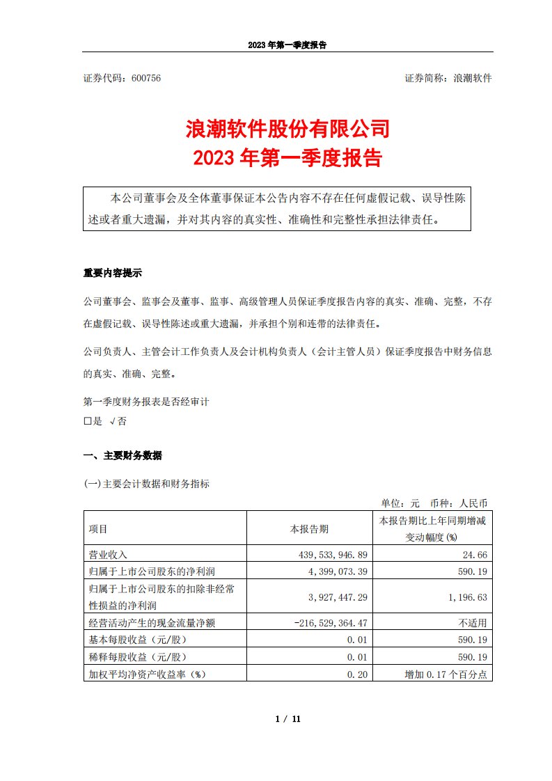 上交所-浪潮软件2023年第一季度报告-20230427