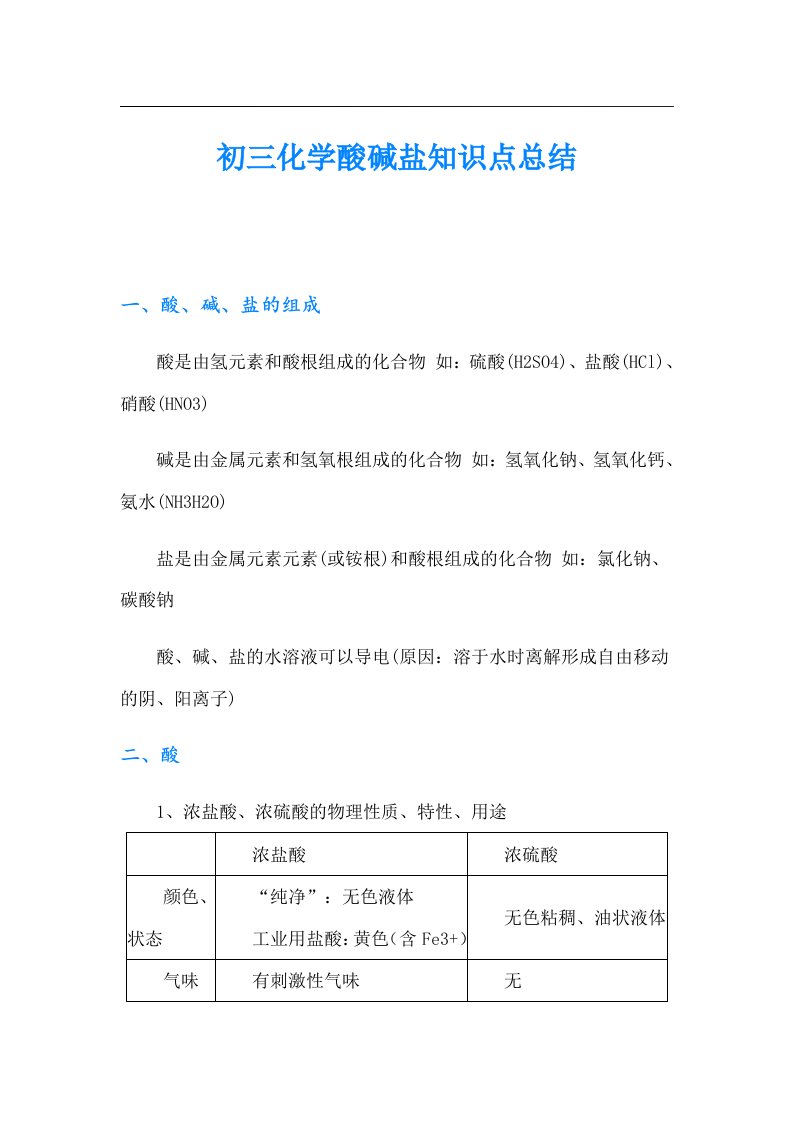 初三化学酸碱盐知识点总结