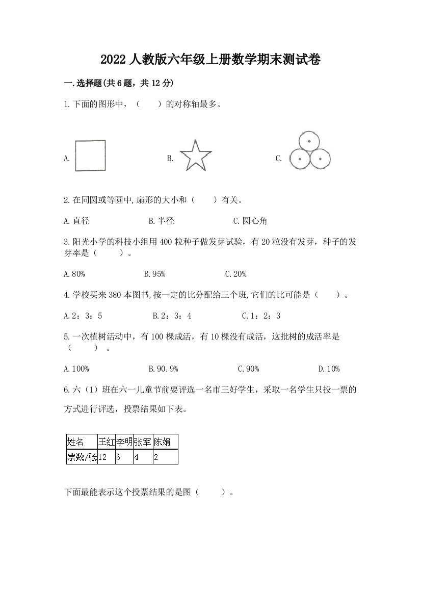 2022人教版六年级上册数学期末达标卷含答案【实用】