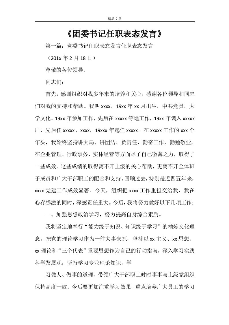 《团委书记任职表态发言》