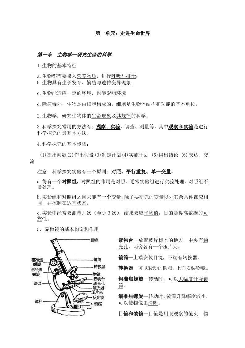 苏科版七年级上册生物知识点