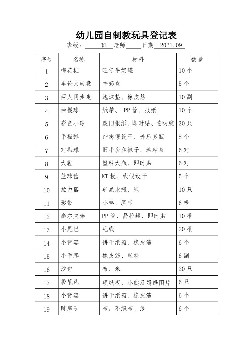 大班自制教玩具登记表