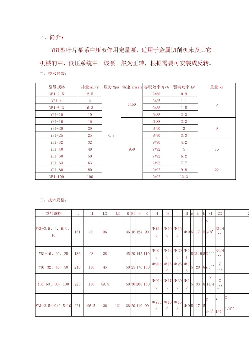 YB1叶片泵参数1