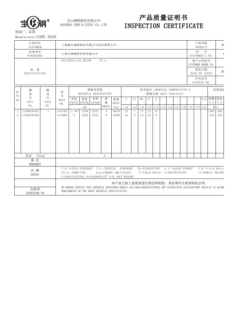 宝钢产品质量证明书模板