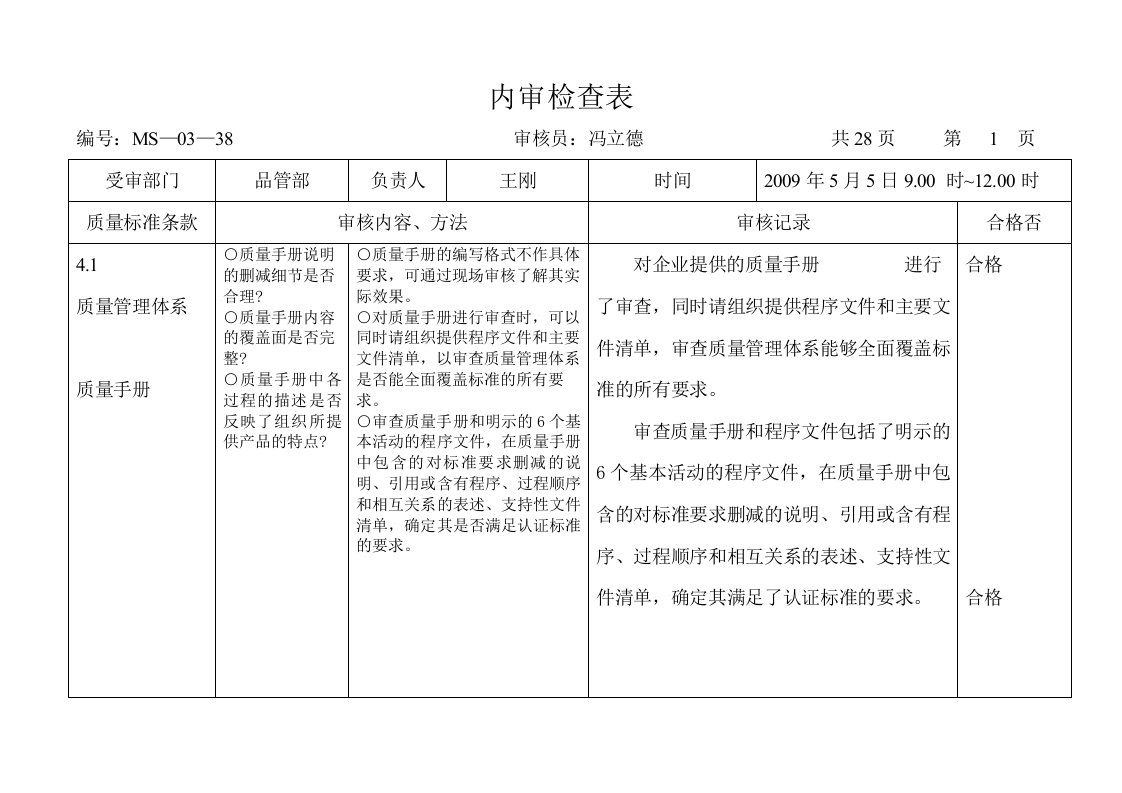 通用内审检查表