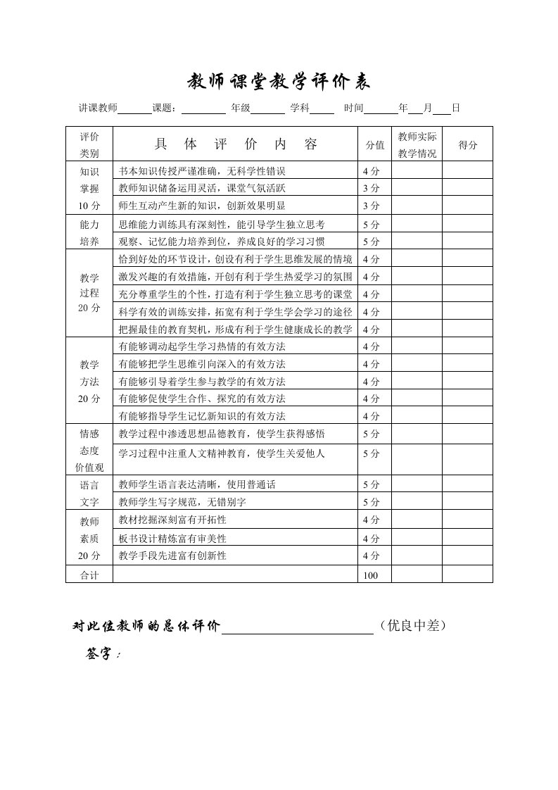 教师课堂教学评价表