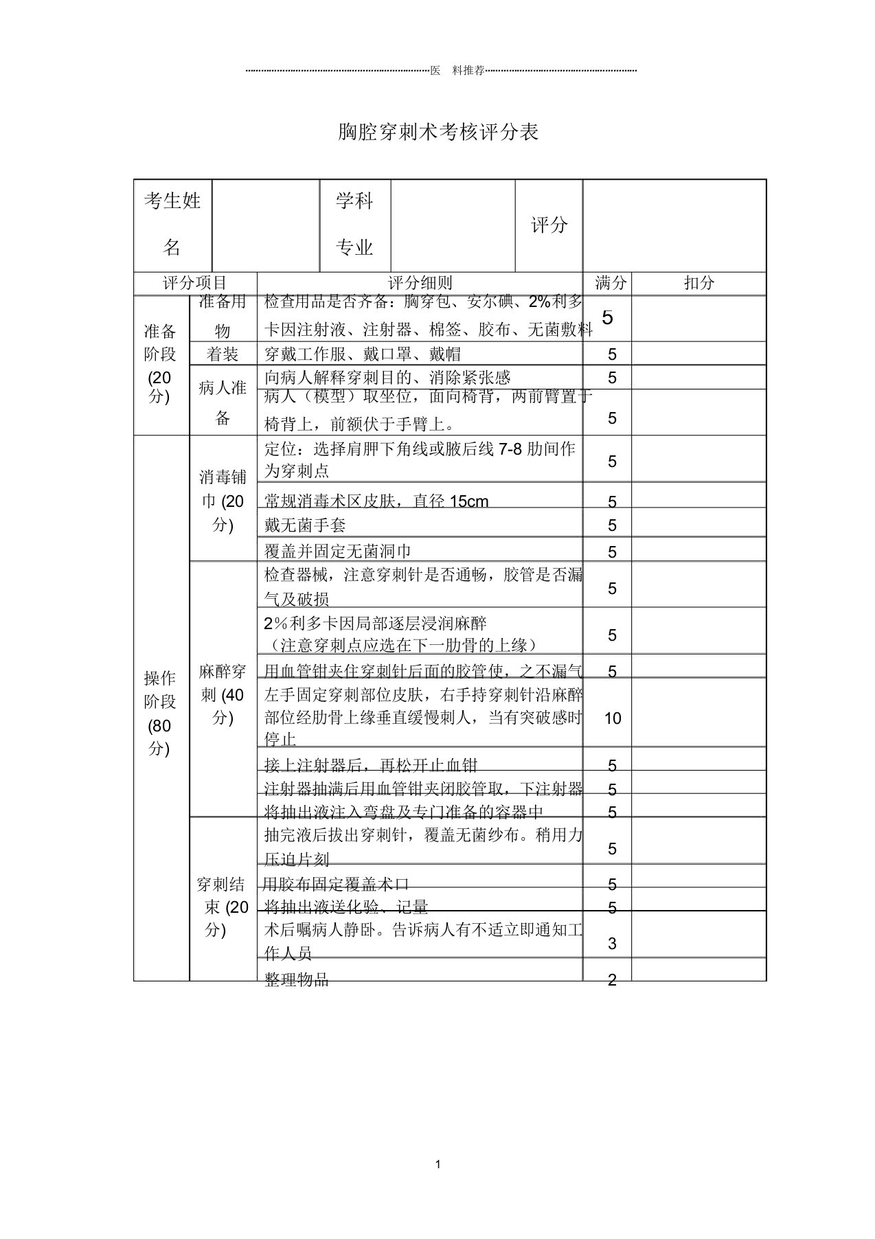 胸腔穿刺术操作评分标准