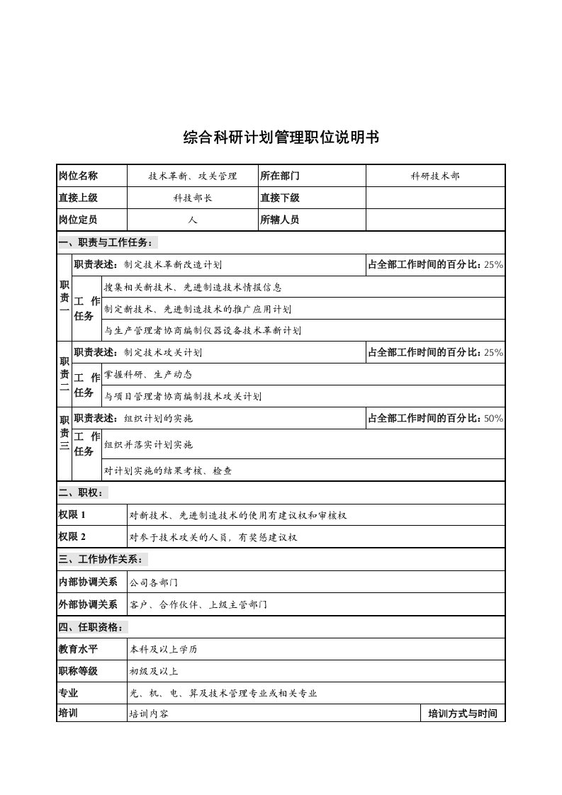 管理知识-华北光学仪器公司科研技术部综合科研计划管理职位说明书