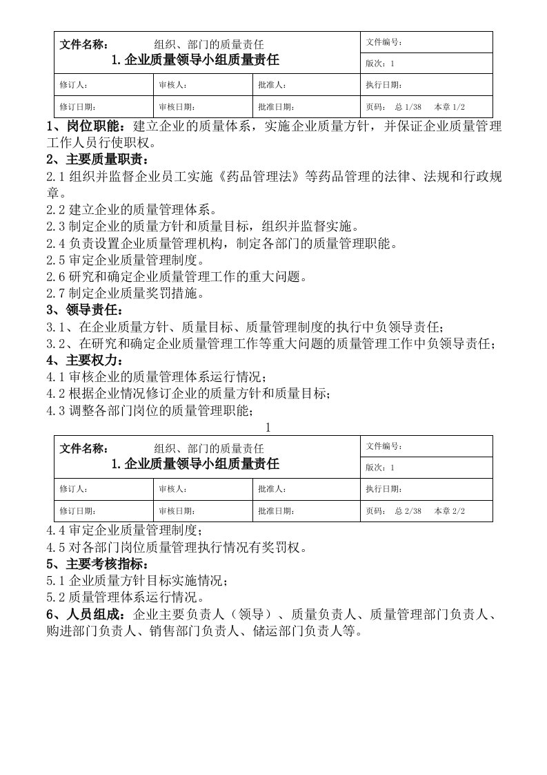 精选企业质量管理部门及管理员岗位责任概述