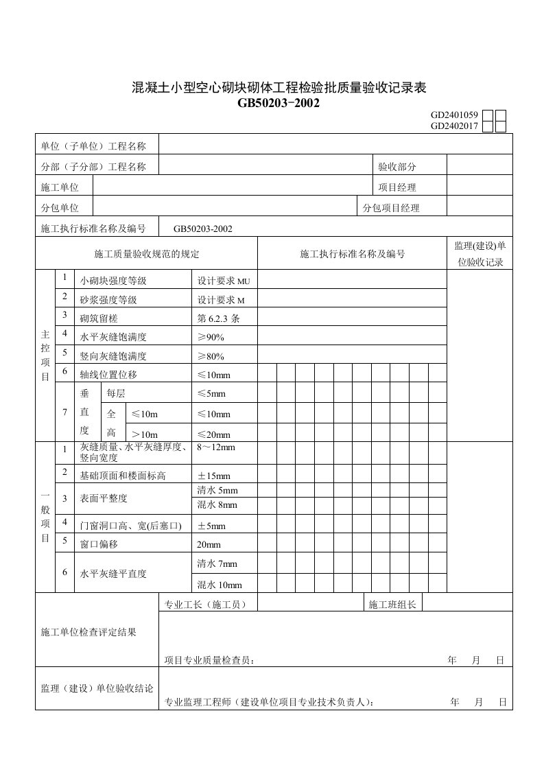 混凝土小型空心砌块砌体工程检验批质量验收记录表