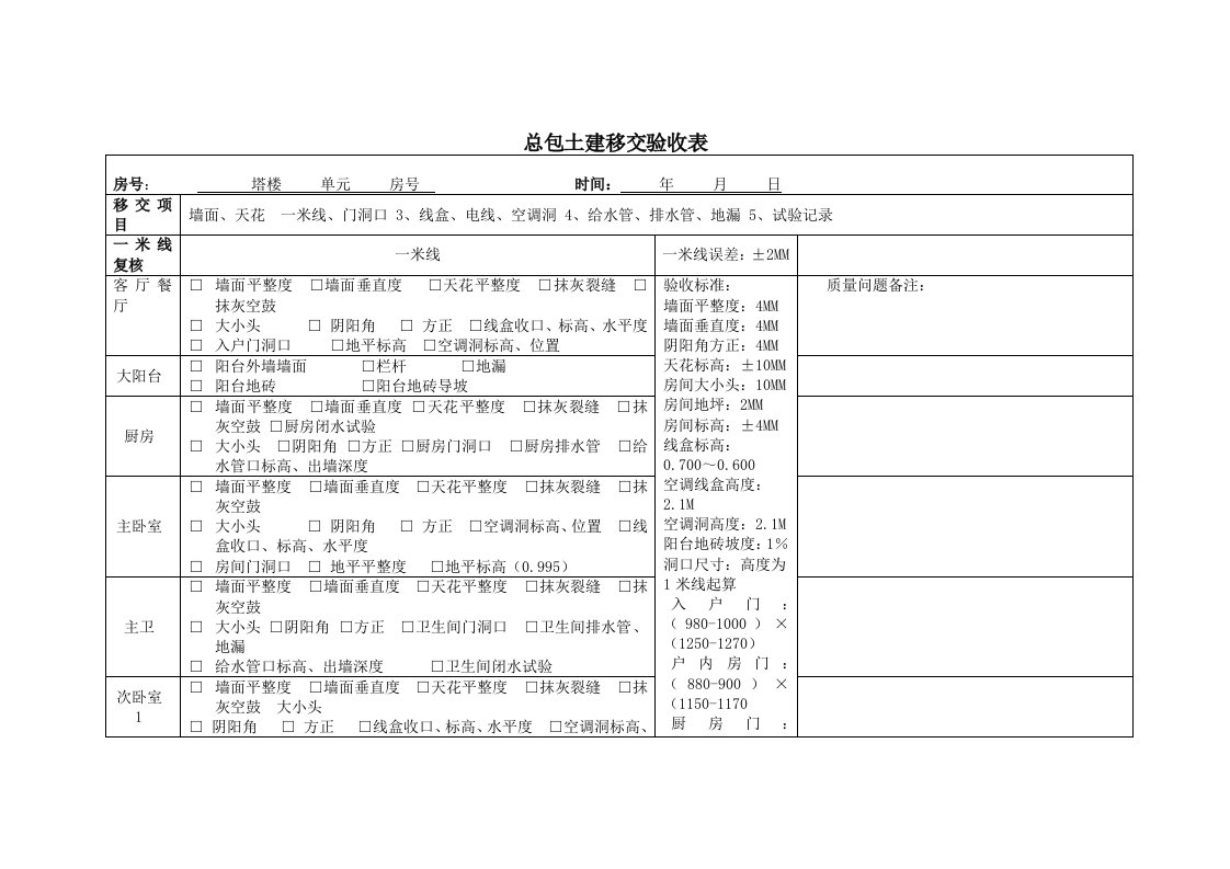 总包土建移交验收表