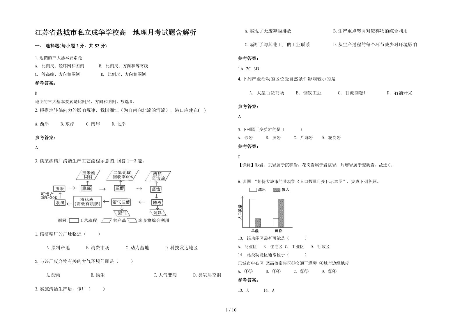 江苏省盐城市私立成华学校高一地理月考试题含解析