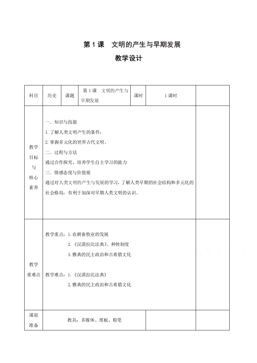 2019-2020学年高中历史部编版（2019）必修中外历史纲要（下）教案：第1课