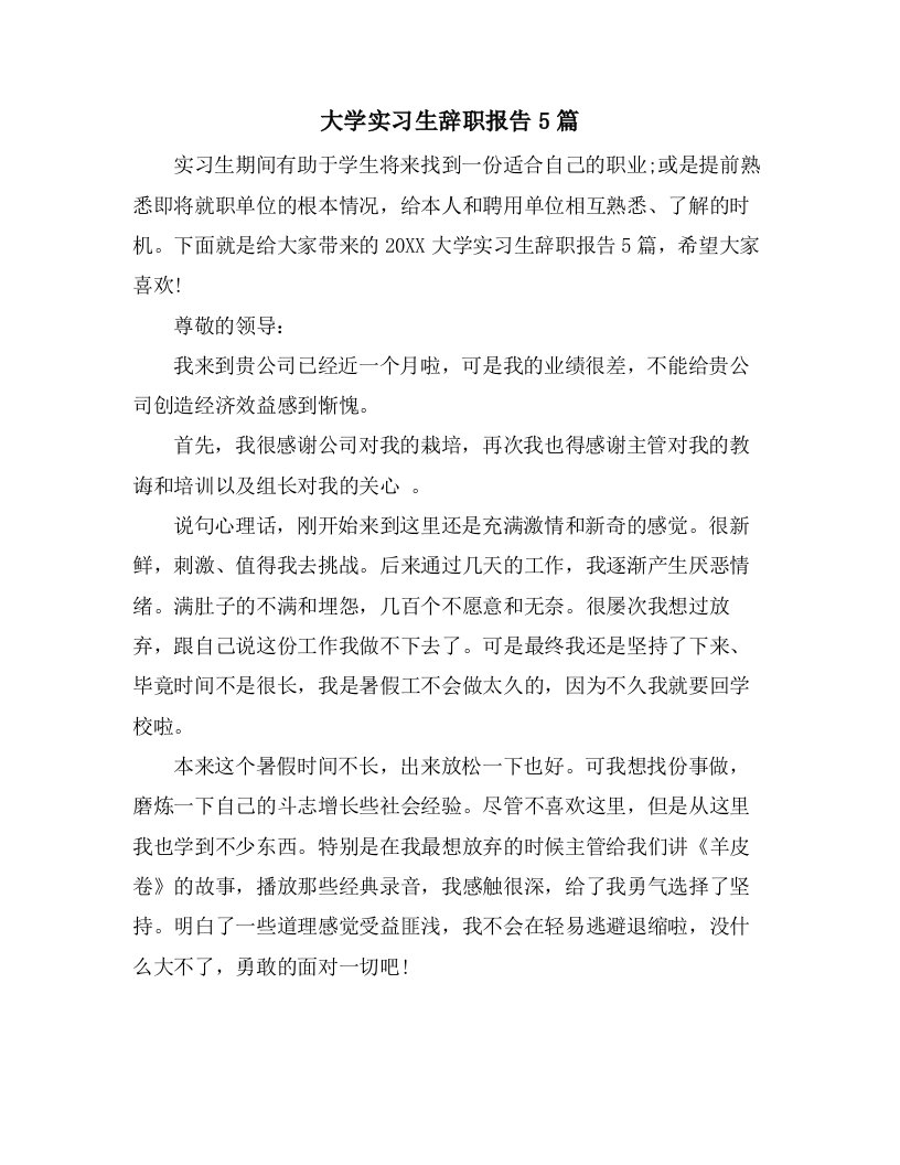 大学实习生辞职报告5篇