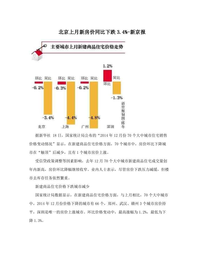 北京上月新房价同比下跌3.4%-新京报