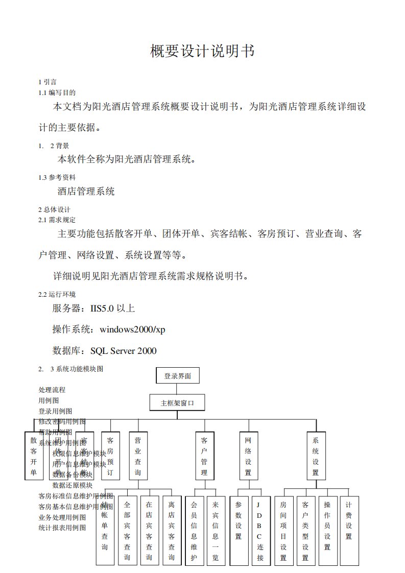 酒店管理系统概要设计说明书