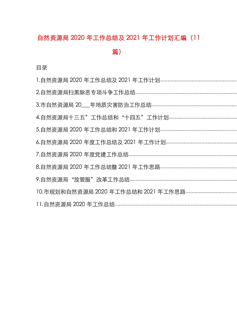 自然资源局2020年工作总结及2021年工作计划汇编（12篇）