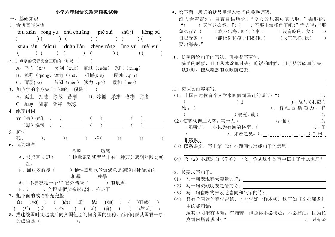 人教版小学六年级语文下册期末试卷