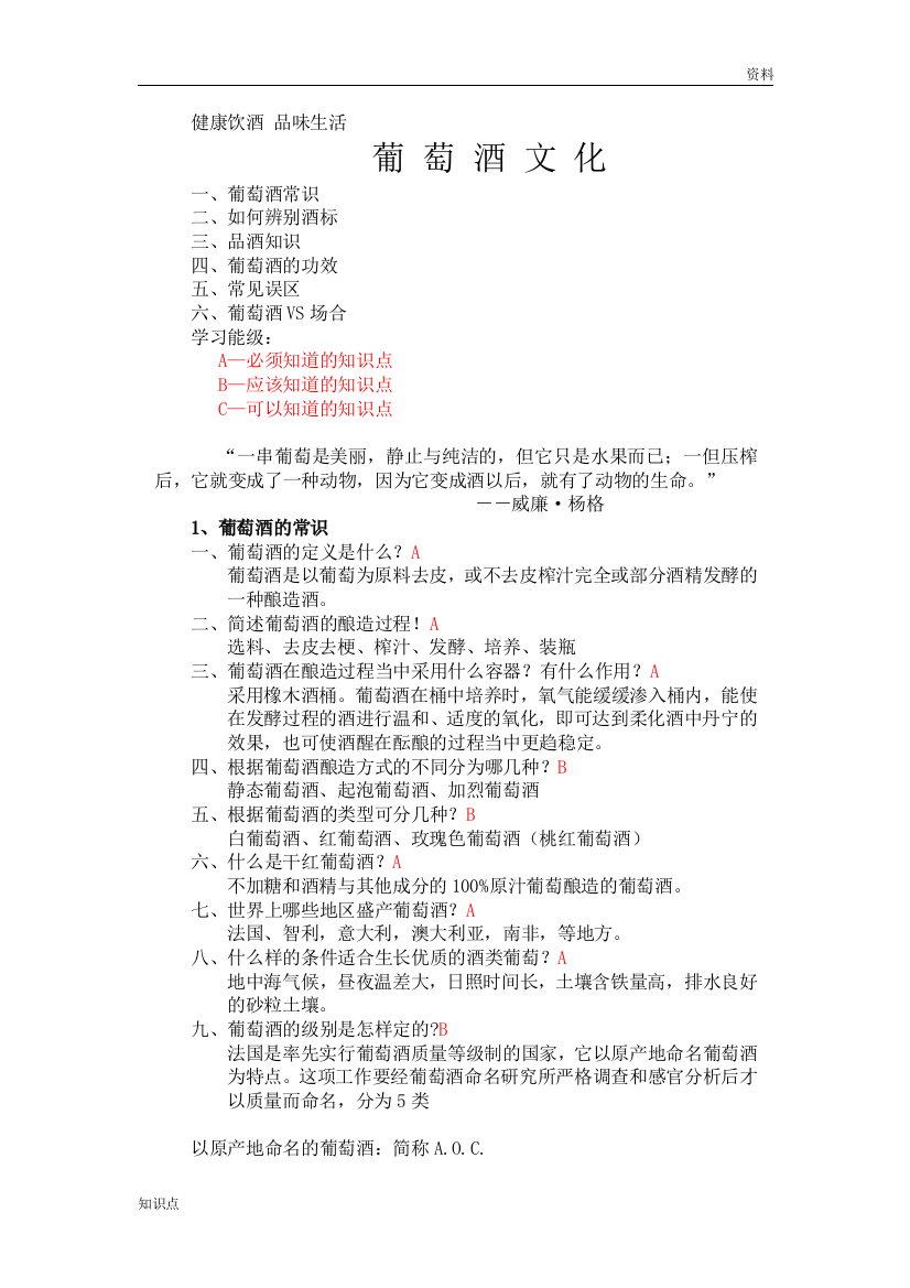 葡萄酒基础知识培训资料