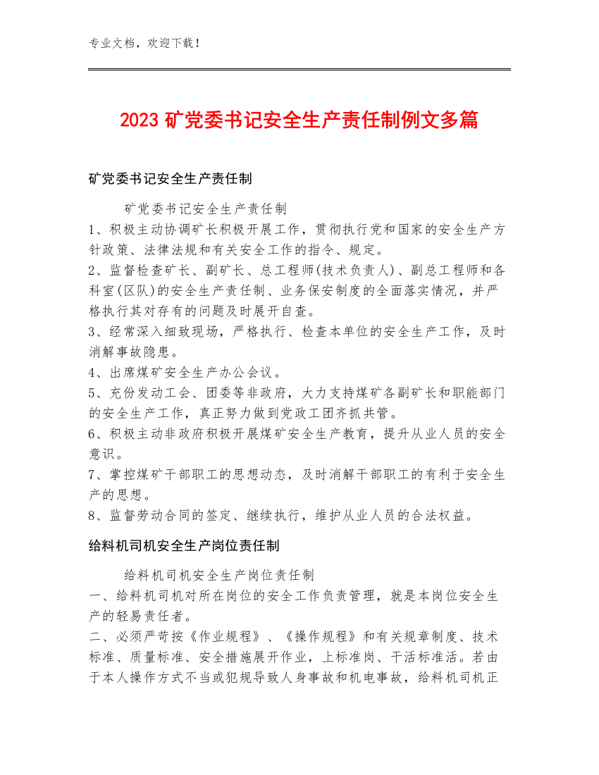 2023矿党委书记安全生产责任制例文多篇