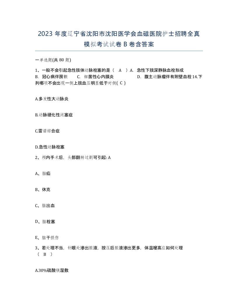 2023年度辽宁省沈阳市沈阳医学会血磁医院护士招聘全真模拟考试试卷B卷含答案