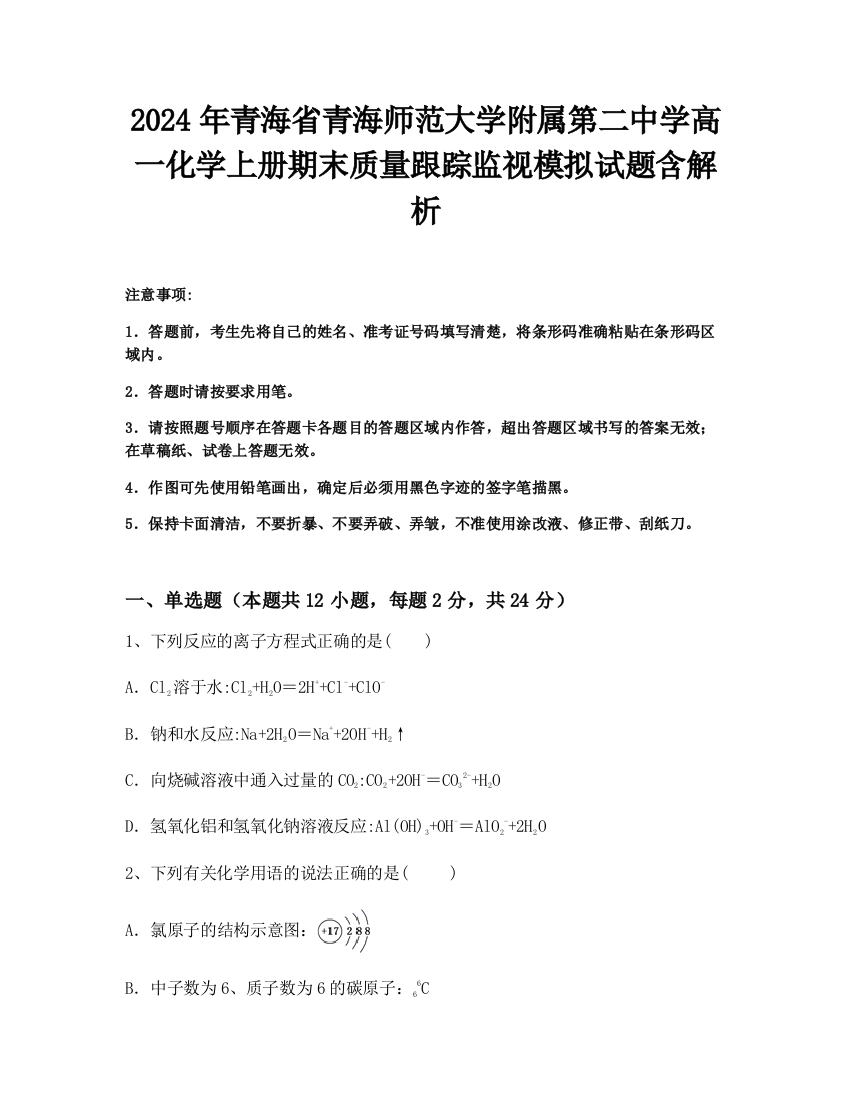 2024年青海省青海师范大学附属第二中学高一化学上册期末质量跟踪监视模拟试题含解析