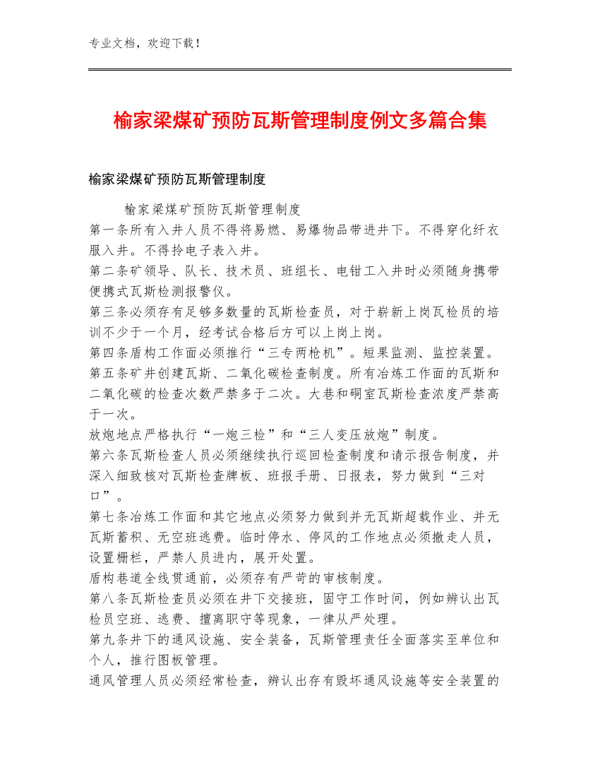 榆家梁煤矿预防瓦斯管理制度例文多篇合集