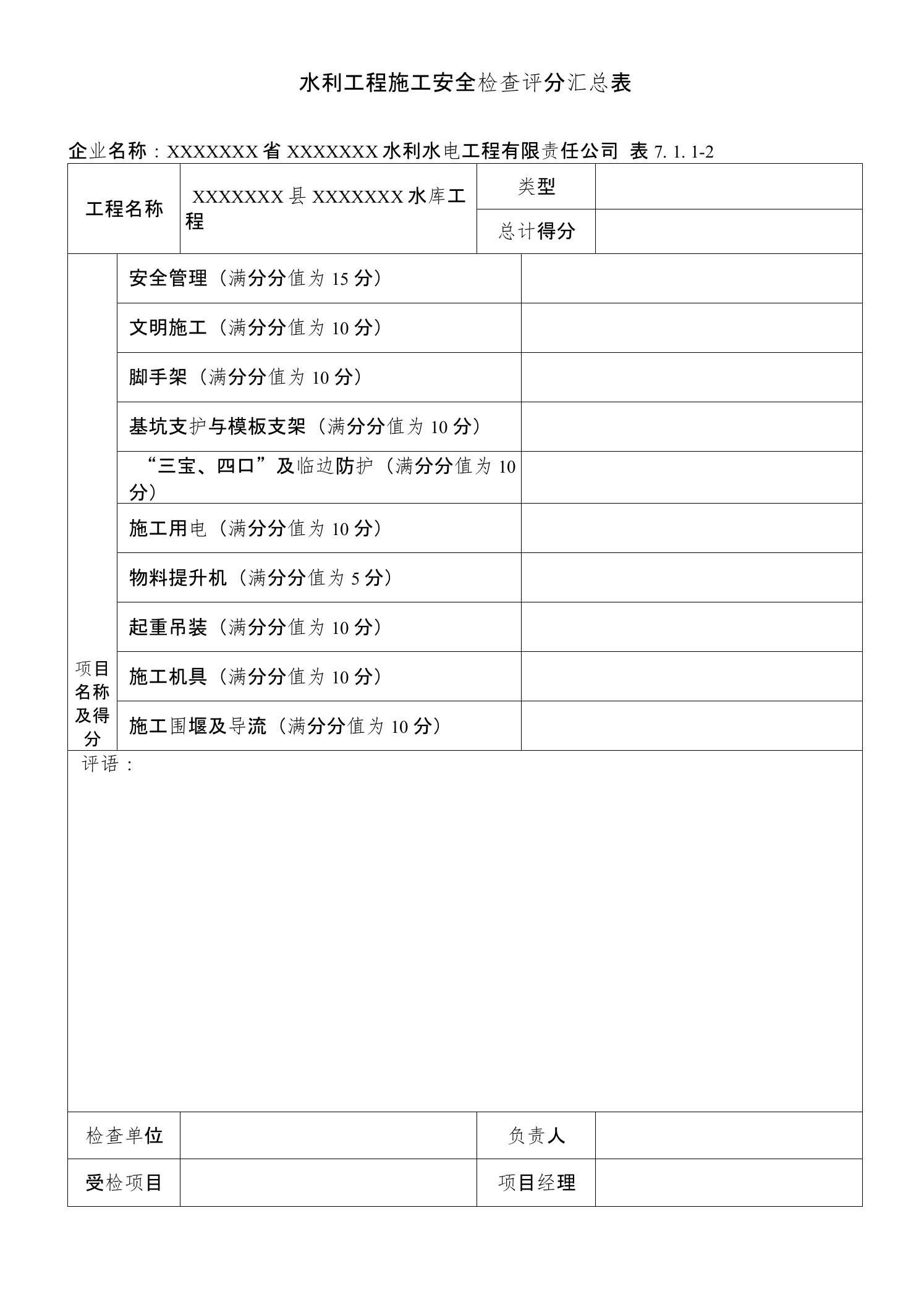 水利工程安全检查评分表