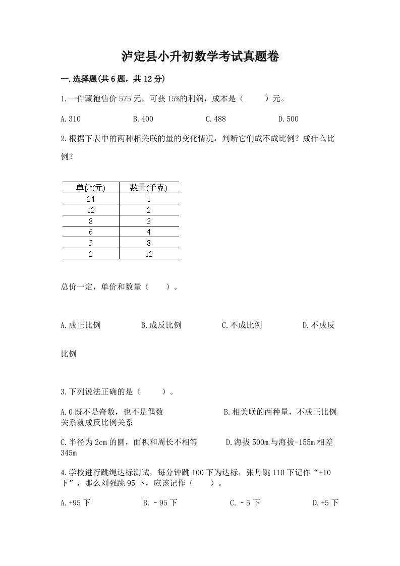 泸定县小升初数学考试真题卷完美版