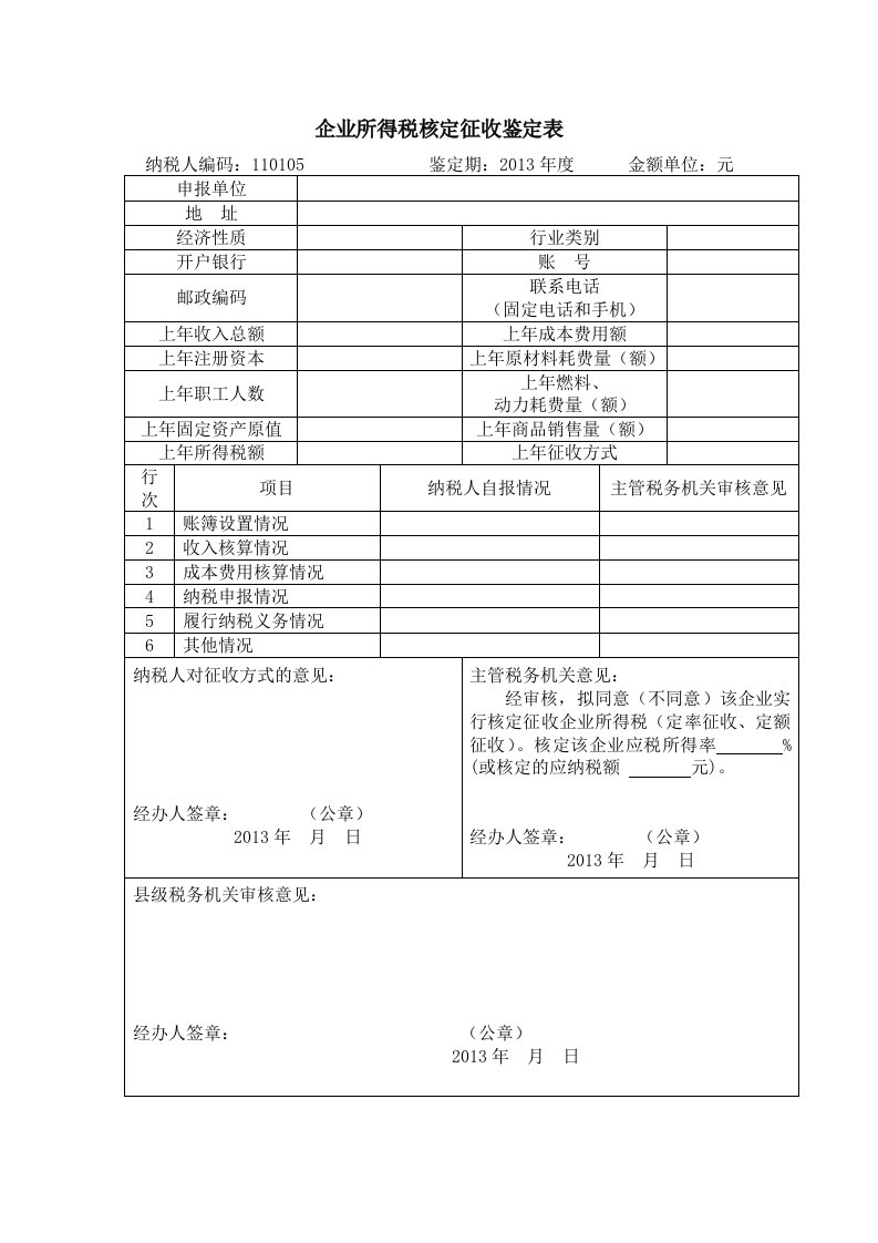 企业所得税核定征收鉴定表及经营情况说明表