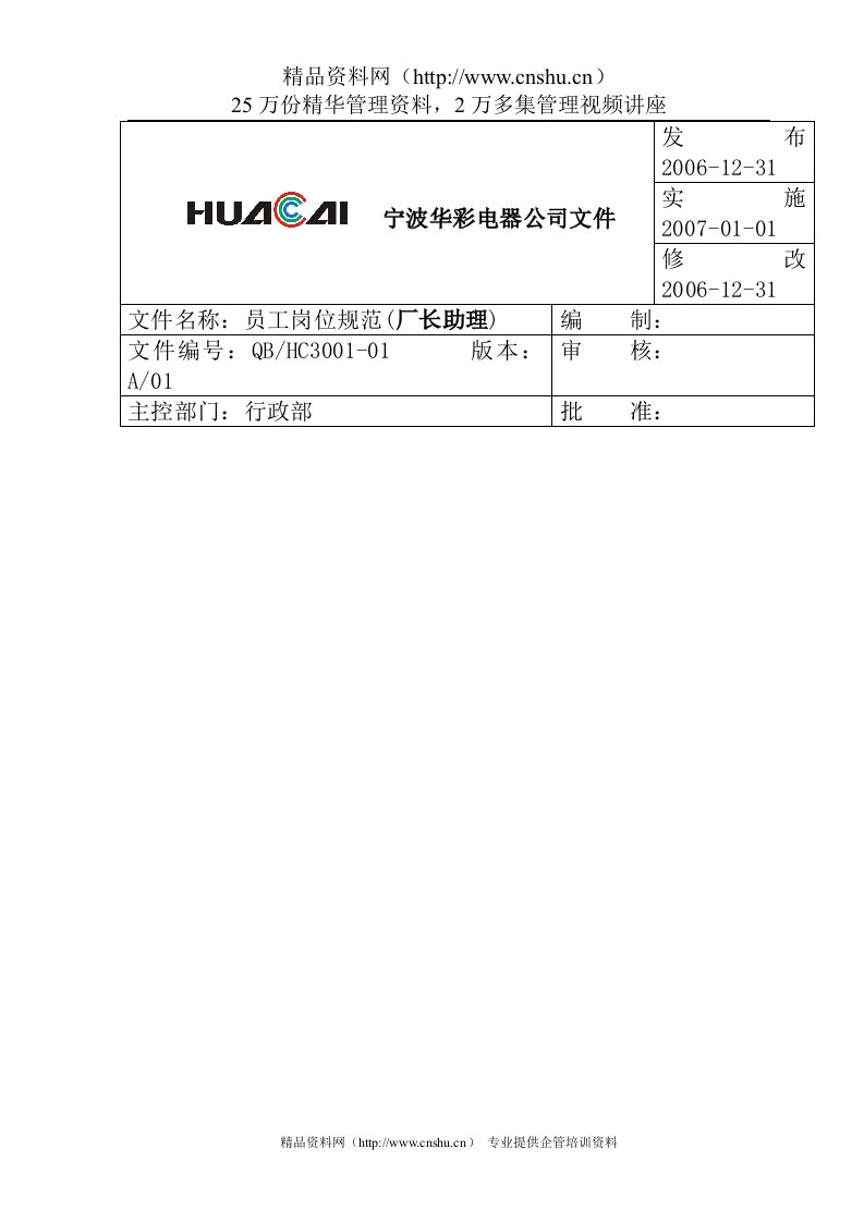 华彩9001程序文件-3级文件-公司各部门岗位规范-恒立分厂岗位规范(doc