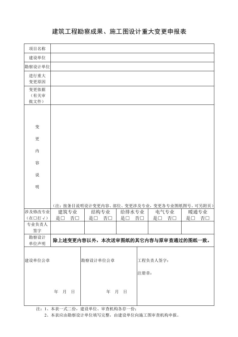 施工图设计重大变更申报表