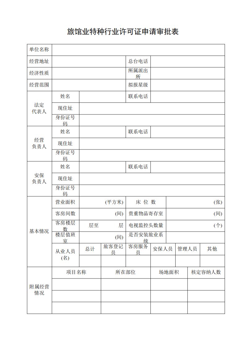 旅馆业特种行业许可证申请审批表