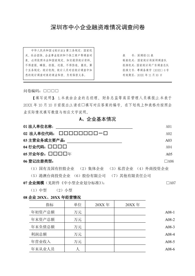 深圳市中小企业融资难问题调查问卷