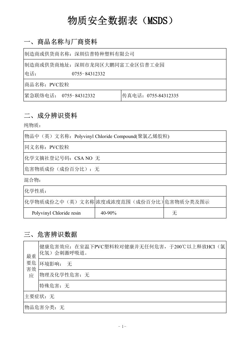 PVC物质安全数据表