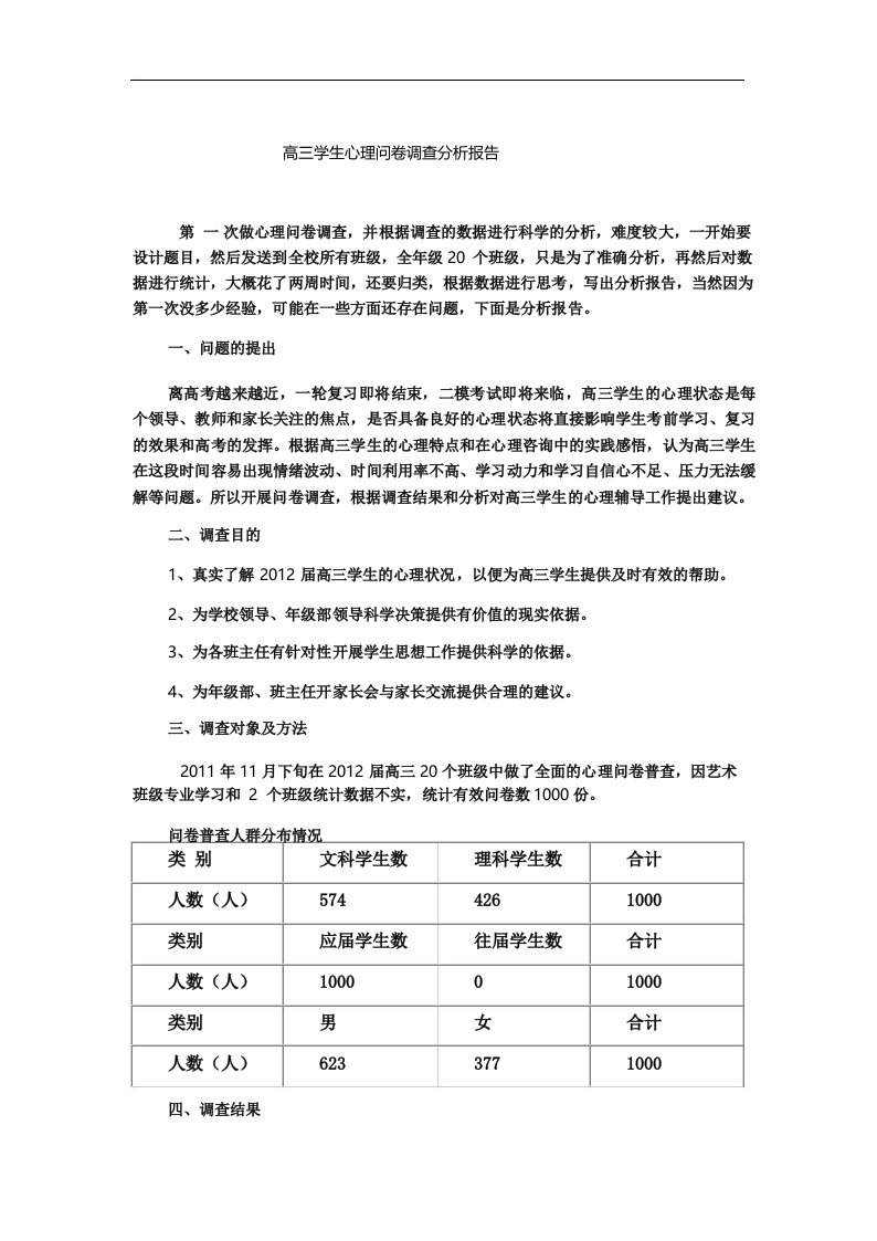 高三学生心理问卷调查分析报告