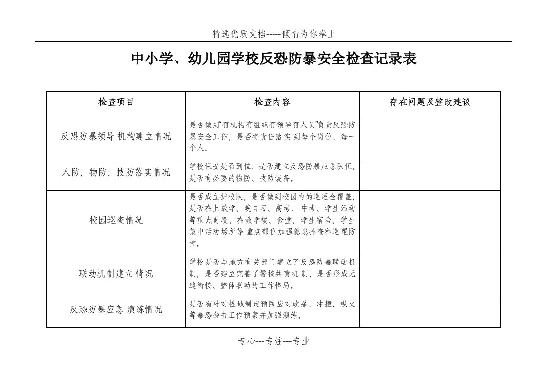 中小学、幼儿园学校反恐防暴安全检查记录表(共2页)