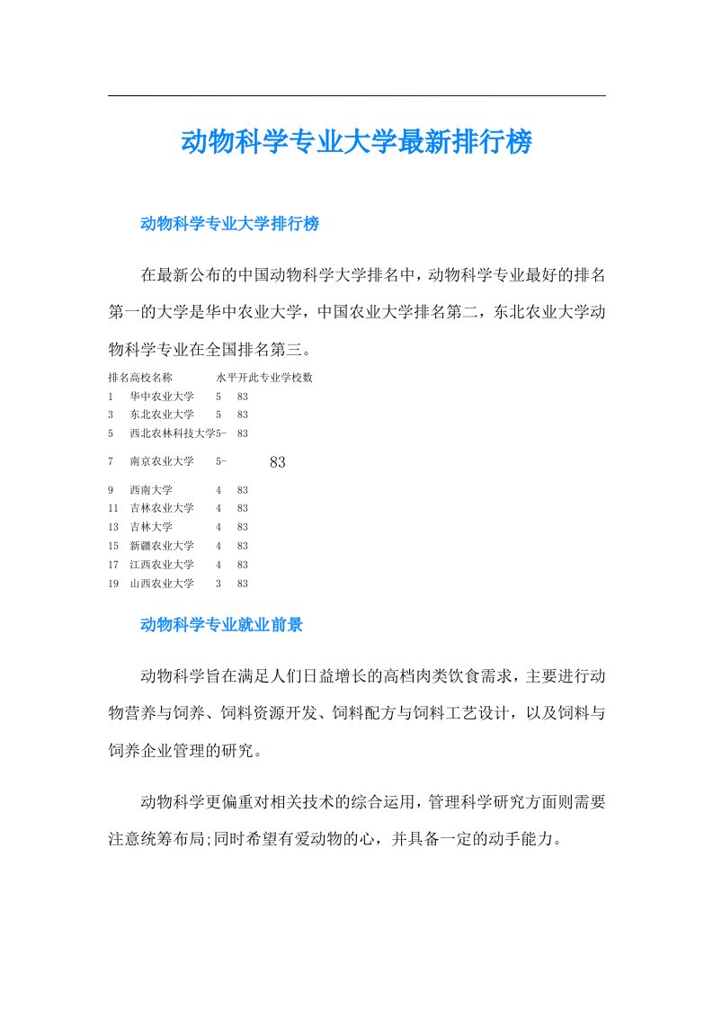 动物科学专业大学最新排行榜