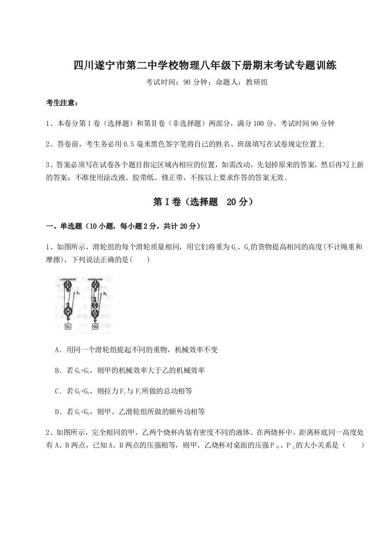 2023-2024学年度四川遂宁市第二中学校物理八年级下册期末考试专题训练试题（含解析）