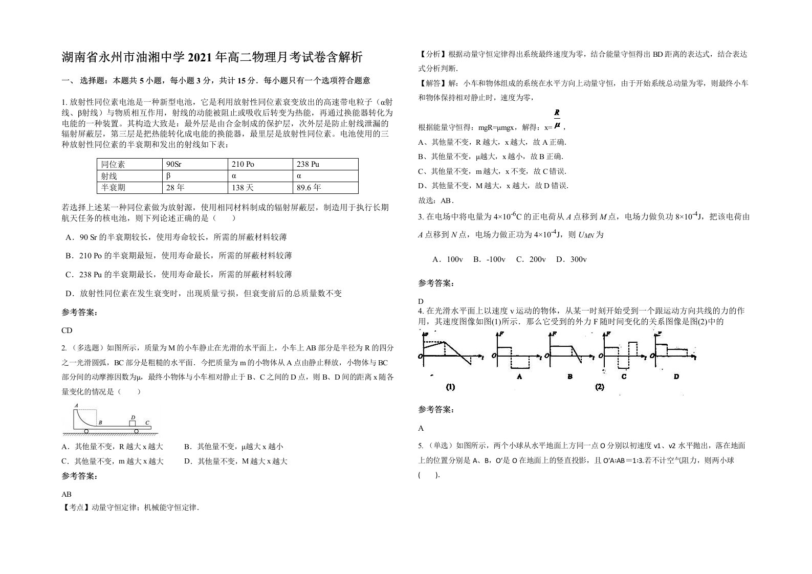 湖南省永州市油湘中学2021年高二物理月考试卷含解析