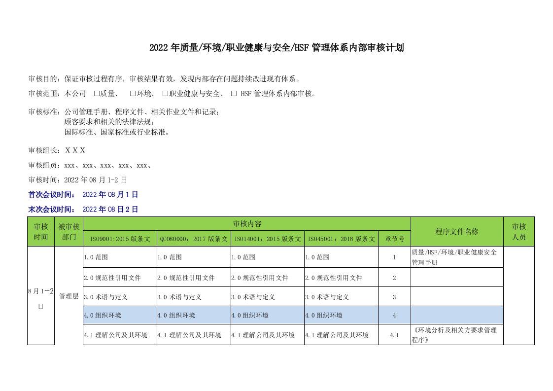 ISO9001&ISO14001&ISO45001&QC080000四体系内部审核计划