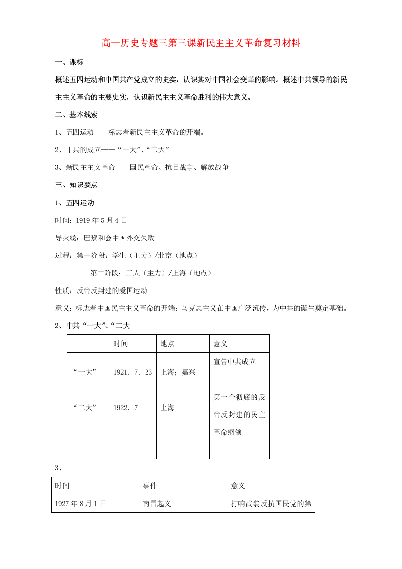 高一历史专题三第三课新民主主义革命复习材料