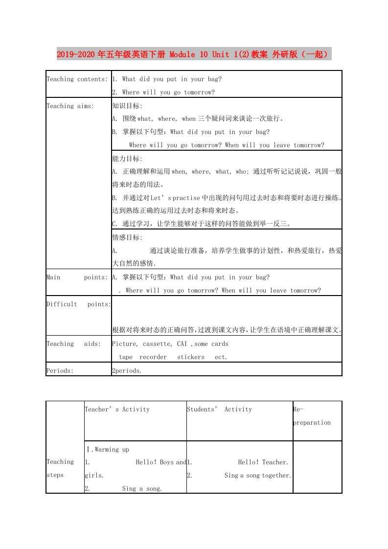 2019-2020年五年级英语下册