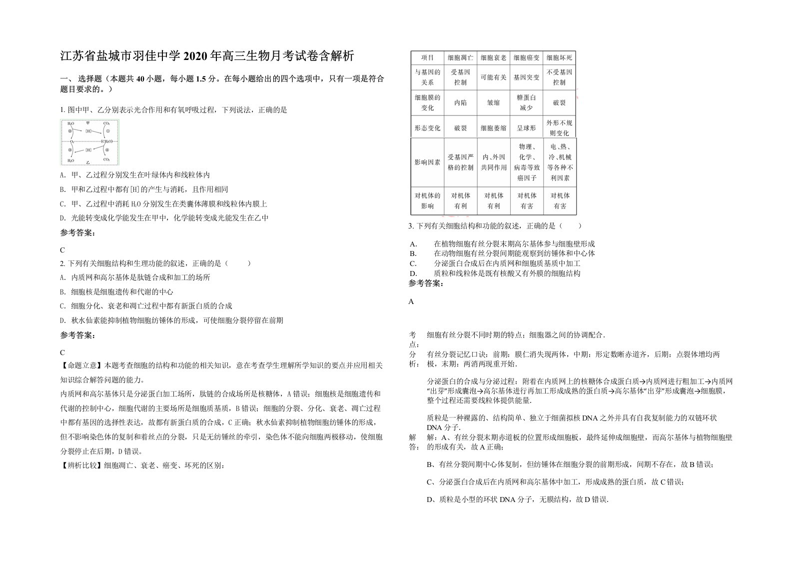 江苏省盐城市羽佳中学2020年高三生物月考试卷含解析