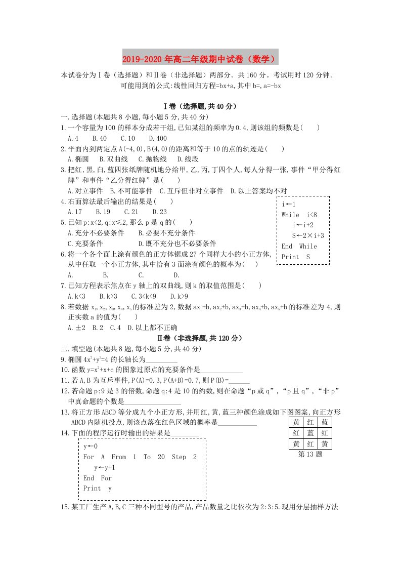 2019-2020年高二年级期中试卷（数学）