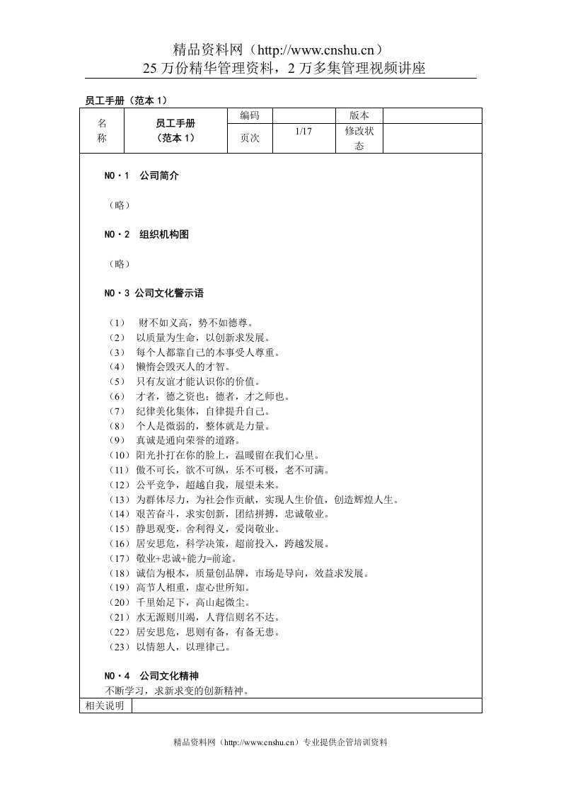 外资企业人力资源员工手册（范本）（DOC18页）