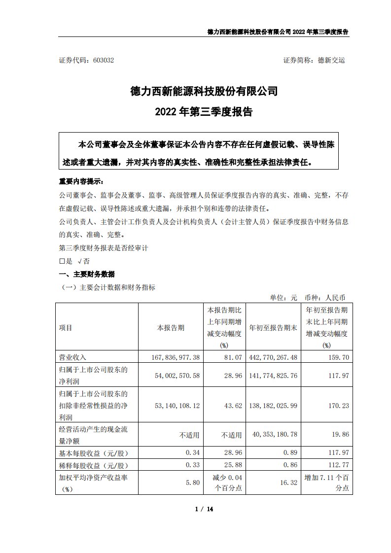 上交所-德力西新能源科技股份有限公司2022年第三季度报告-20221027